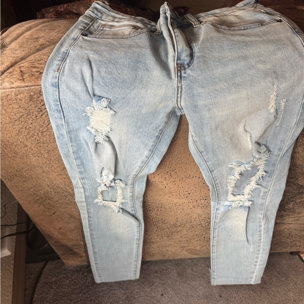 Fashion Nova Light Blue Distressed Skinny Jeans